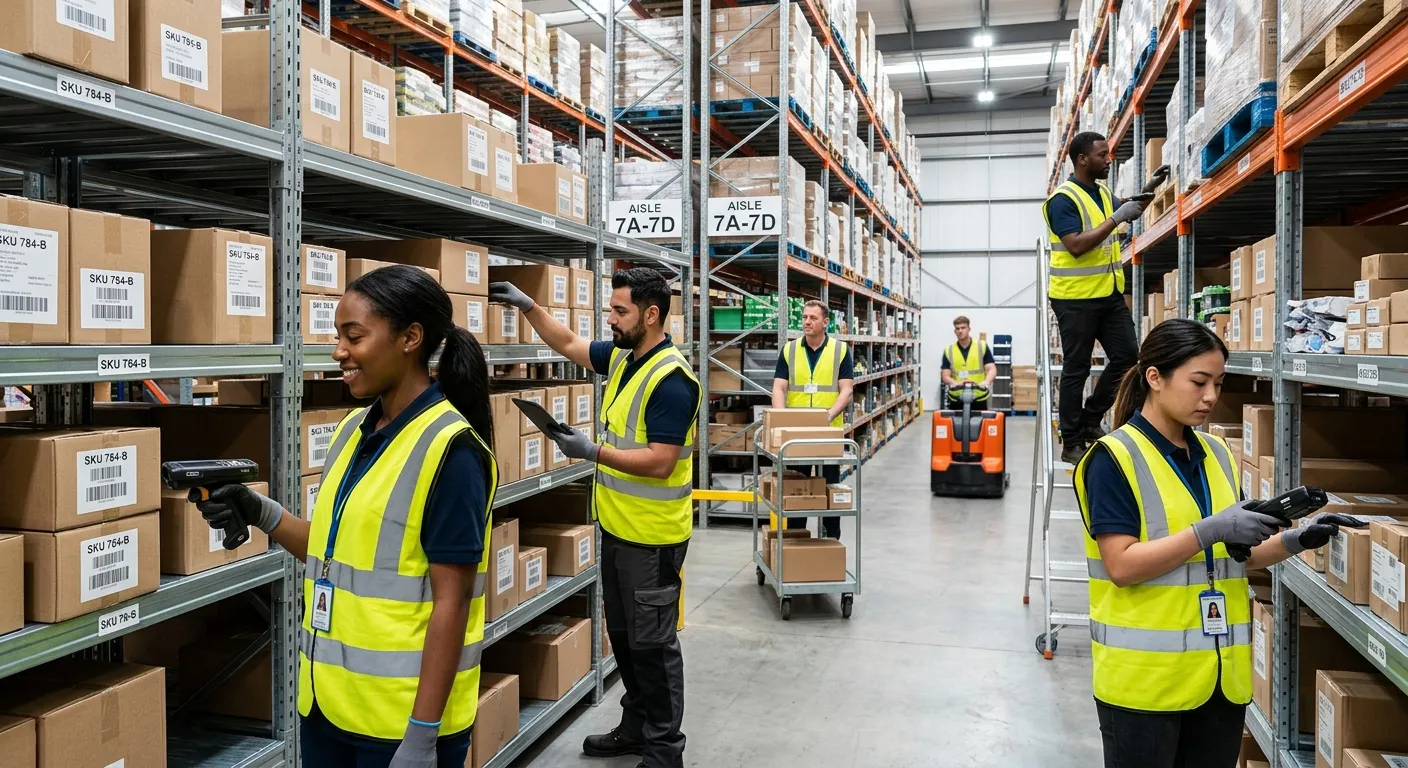 A dynamic, professional photo of a diverse stock clerk team in a modern, well-organized warehouse. T... A dynamic, professional photo of a diverse stock clerk team in a modern, well-organized warehouse. They are engaged in various tasks like scanning barcodes, operating handheld devices, and organizing shelves on high-contrast metal racking. The mood is efficient, collaborative, and high-energy.