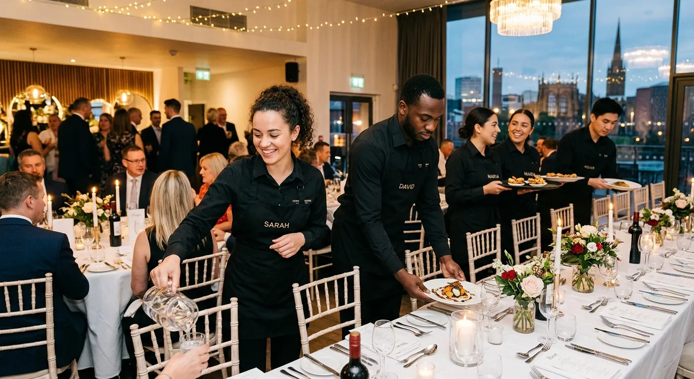 A professional, vibrant photo of a diverse team of Event Catering Staff in smart black and white uni... A professional, vibrant photo of a diverse team of Event Catering Staff in smart black and white uniforms, working efficiently at a beautifully set banquet table in a modern Coventry venue. The mood is energetic, professional, and welcoming.