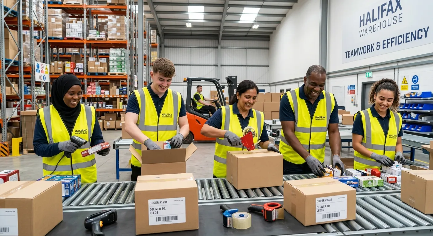 A professional, well-lit photo of a diverse team of warehouse operatives and picker packers in high-vis vests, smiling and working efficiently in a modern, clean Halifax warehouse. They are scanning items and packing boxes on a conveyor belt, conveying teamwork and a positive work environment.