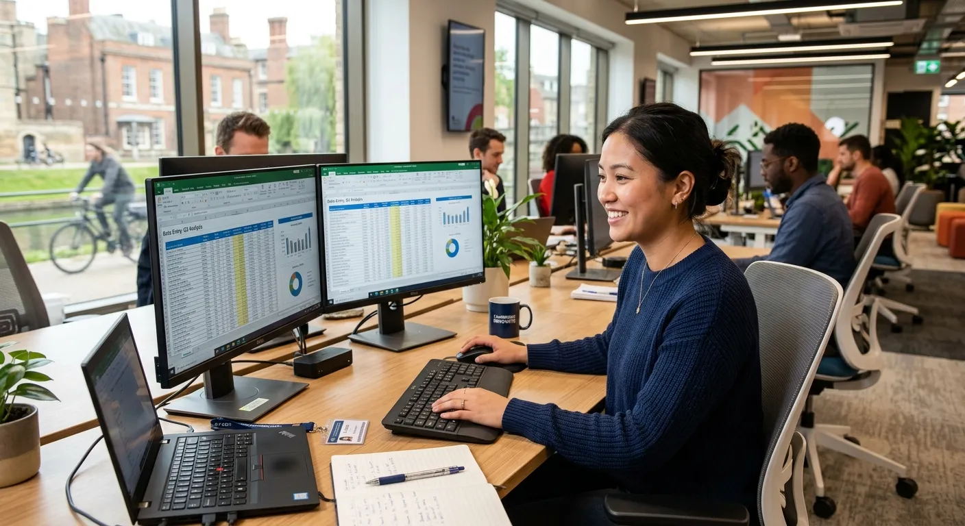 A professional, friendly-looking person of diverse background working on a computer in a modern Camb... A professional, friendly-looking person of diverse background working on a computer in a modern Cambridge office, focusing on data entry tasks with spreadsheets on dual monitors. The image should convey accuracy, efficiency, and a positive work environment.