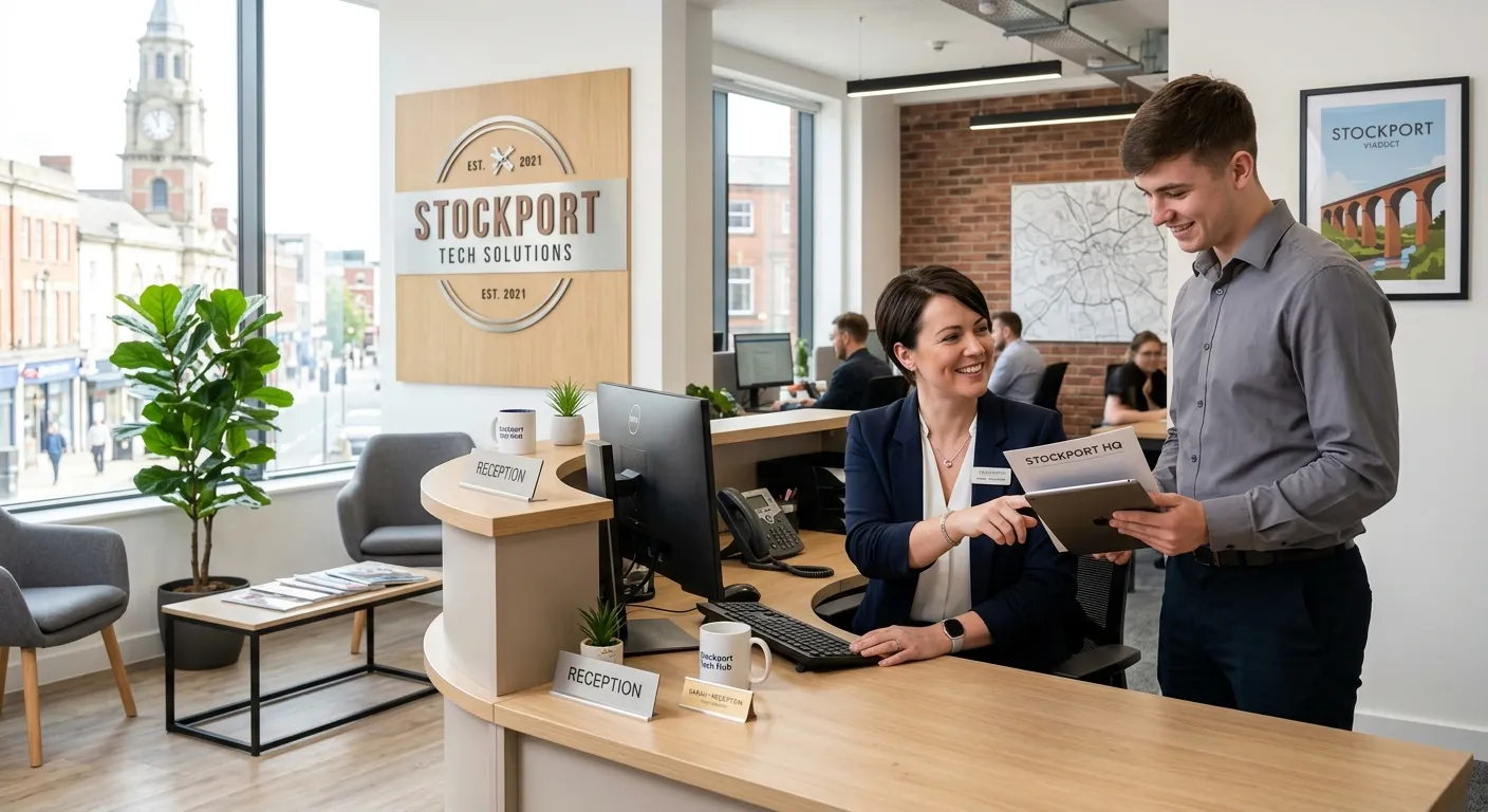 Professional, welcoming office reception area in Stockport, showcasing a modern workspace with a fri... Professional, welcoming office reception area in Stockport, showcasing a modern workspace with a friendly Admin Assistant at a desk, smiling and helping a colleague. Bright, natural light, professional attire.
