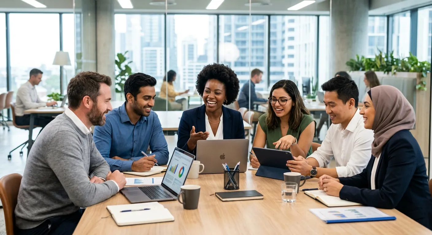 Professional, diverse team of employees in a modern office collaborating around a table, looking eng... Professional, diverse team of employees in a modern office collaborating around a table, looking engaged and happy. Style: Bright, realistic, corporate photography. Mood: Successful, cohesive, and forward-thinking.