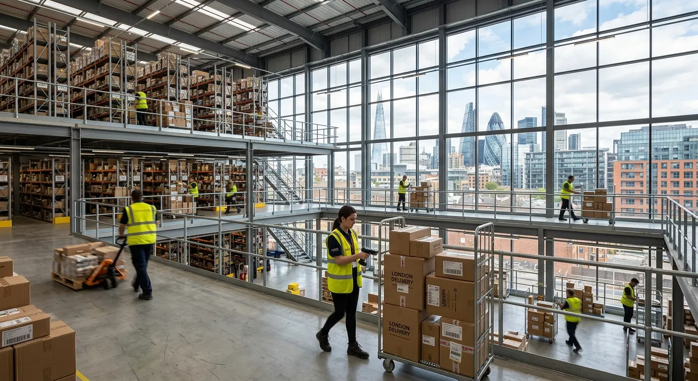 A modern, well-lit multi-level warehouse in London with workers in high-vis vests operating handheld scanners and moving goods on trolleys, with city buildings visible through large windows
