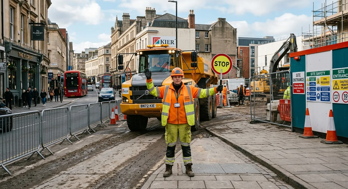 A professional Traffic Marshal in high-visibility clothing, safely directing construction vehicle tr... A professional Traffic Marshal in high-visibility clothing, safely directing construction vehicle traffic on a busy Bristol city centre site, with clear signage and a focus on safety protocols.
