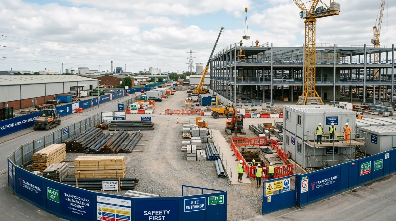 A wide-angle photo of a modern, organised construction site in Trafford Park, showing tidy material... A wide-angle photo of a modern, organised construction site in Trafford Park, showing tidy material storage, clear signage, and workers in full PPE engaged in various tasks.