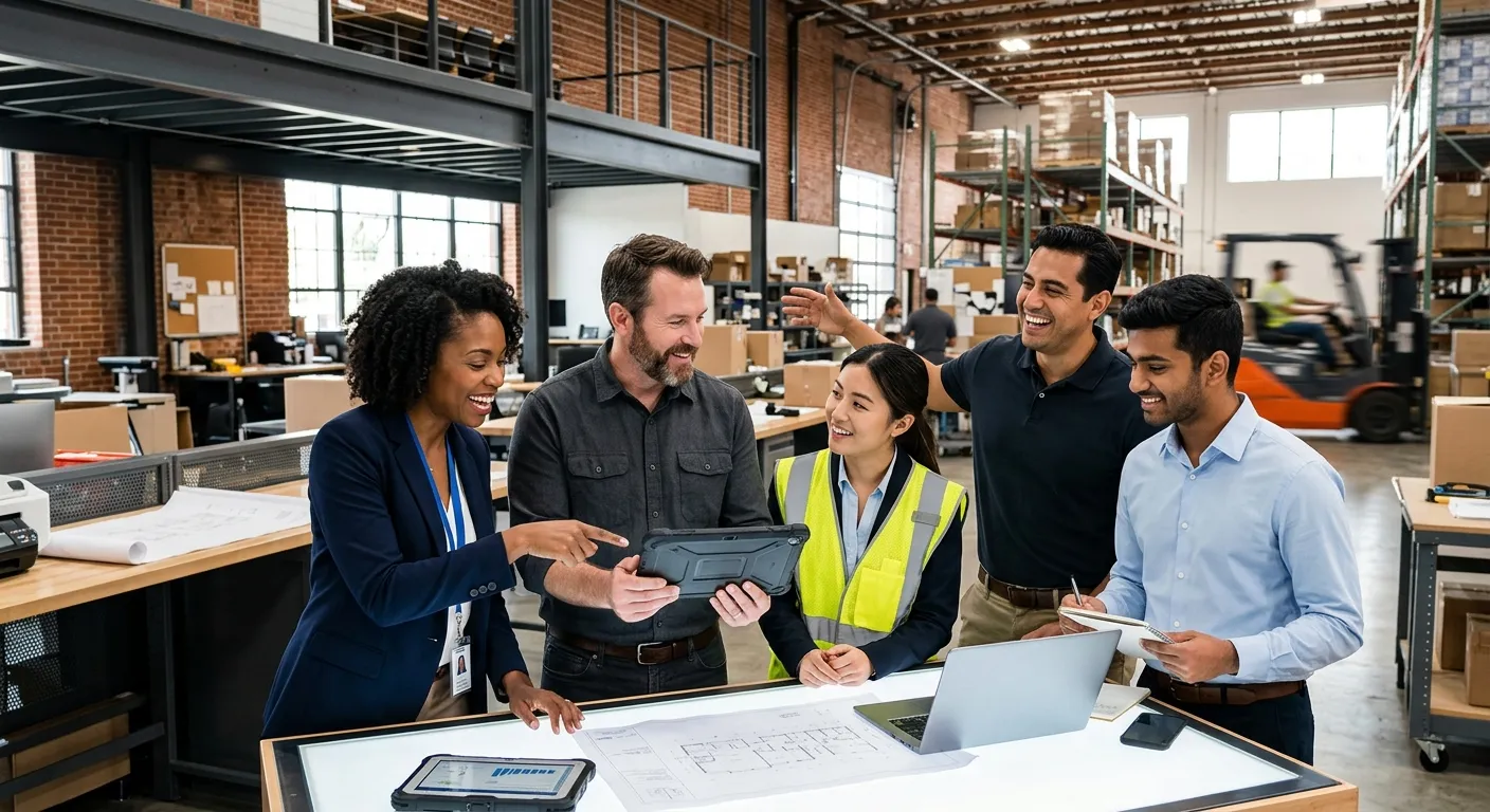 A professional, dynamic image of a diverse team of skilled professionals in a modern office or warehouse setting, looking confident and engaged. Style: Corporate, high-energy, aspirational. Mood: Professional, successful, and forward-thinking.