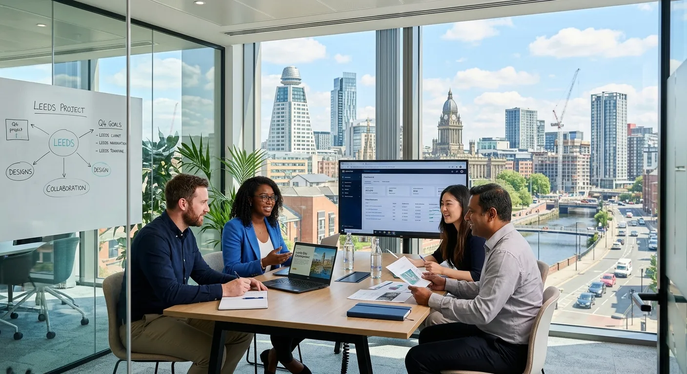 A professional, dynamic photo of the Leeds city skyline with a modern office building in the foreground, featuring diverse professionals collaborating in a bright meeting room. Style: Vibrant, professional, aspirational.