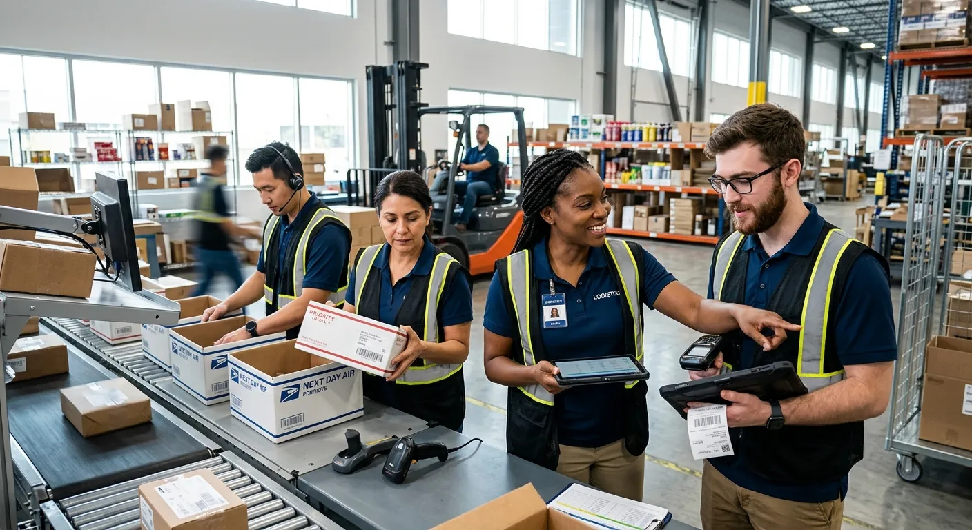 A professional, high-contrast hero image featuring a diverse team of employees in a modern retail or... A professional, high-contrast hero image featuring a diverse team of employees in a modern retail or warehouse setting, collaborating efficiently. The mood should be dynamic, professional, and forward-looking, with sharp focus on team interaction.