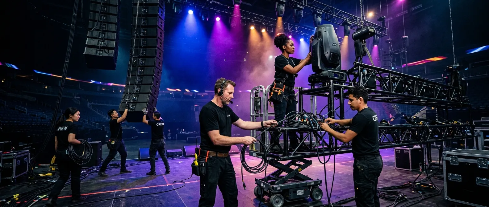 Professional hero image of a diverse, skilled stage crew in action at a large event venue. They are shown setting up lighting rigs and audio equipment, with a dynamic, energetic mood. The image is dark with vibrant spotlights, emphasizing teamwork and expertise.