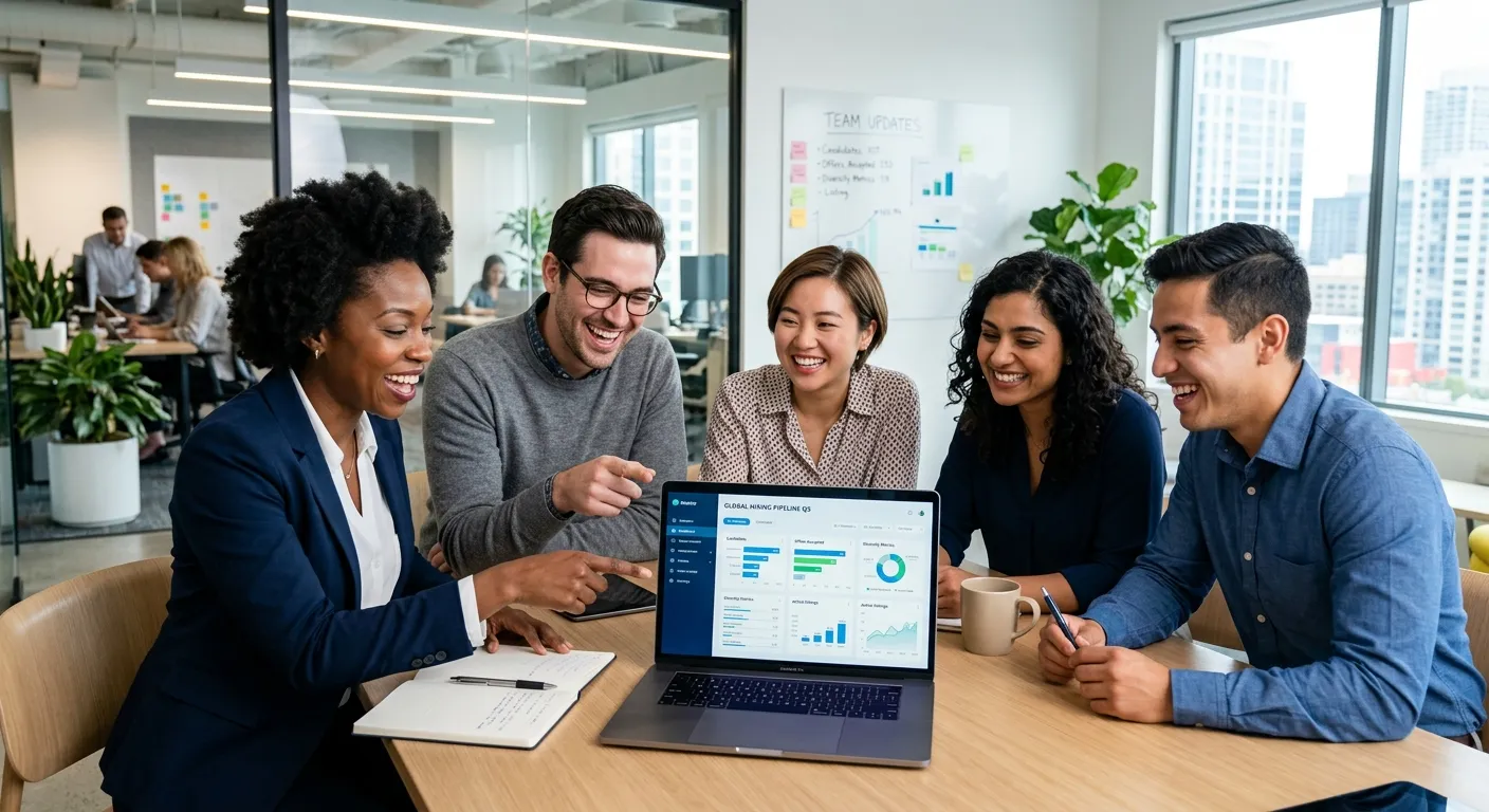 A professional, high-energy photo of a diverse team of professionals in a modern office collaborating, smiling, and looking at a laptop screen showing a hiring dashboard. Style: Bright, optimistic, corporate. Mood: Successful, collaborative, and forward-thinking.