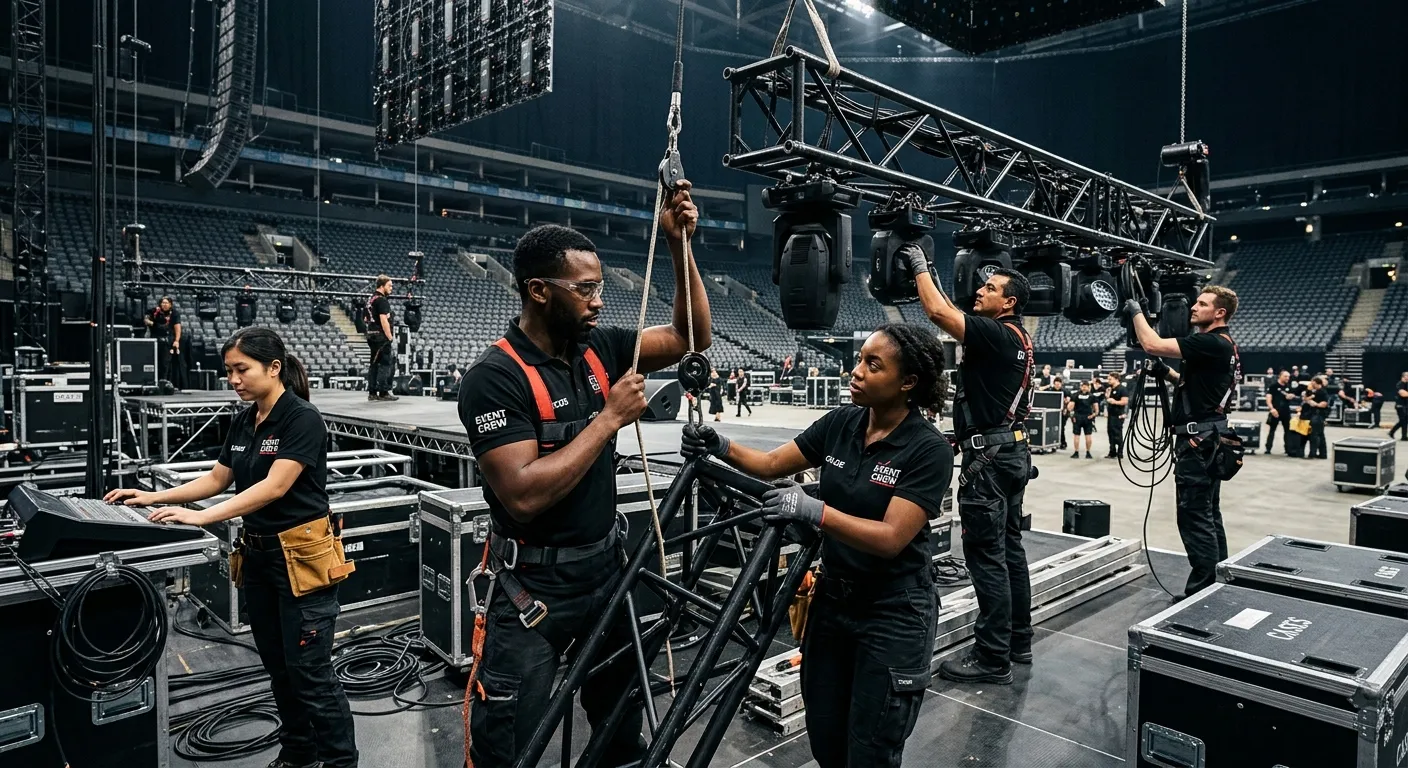 A dynamic, high-energy photograph of a diverse, professional event crew in action at a large-scale v... A dynamic, high-energy photograph of a diverse, professional event crew in action at a large-scale venue. They are setting up lighting and staging equipment, dressed in branded black polo shirts, collaborating efficiently. The mood is professional, powerful, and industrious.