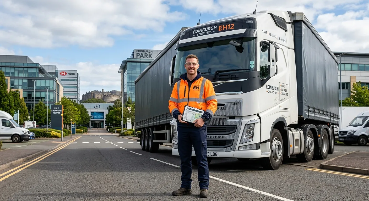 A professional, modern hero image showing a confident HGV Driver Class 1 in Edinburgh Park EH12. The... A professional, modern hero image showing a confident HGV Driver Class 1 in Edinburgh Park EH12. The driver stands proudly next to a well-maintained articulated lorry, wearing high-visibility PPE and holding a digital delivery manifest tablet. In the background, the distinctive skyline and business parks of Edinburgh Park are visible. The image conveys professionalism, safety, and the modern logistics industry.