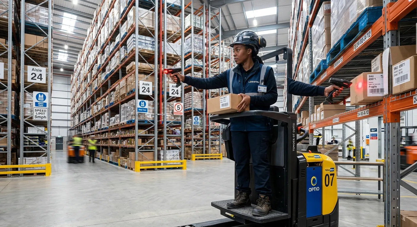 A professional, action-oriented image of an Order Picker in a modern, high-bay warehouse environment, using a handheld scanner to pick items from a shelf. The setting is clean, bright, and efficient, with the focus on the worker's activity. The image should convey a sense of purpose and professionalism.