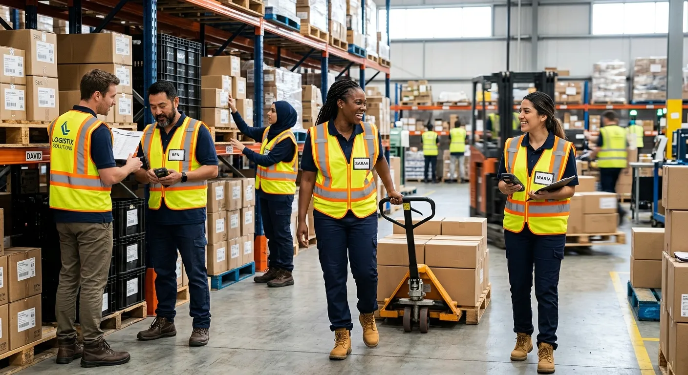 A dynamic, high-energy photograph of a diverse, professional crew in high-visibility vests and uniforms collaborating efficiently in a modern warehouse or event space. Style: professional, vibrant, and action-oriented. Mood: competent, unified, and ready for action.