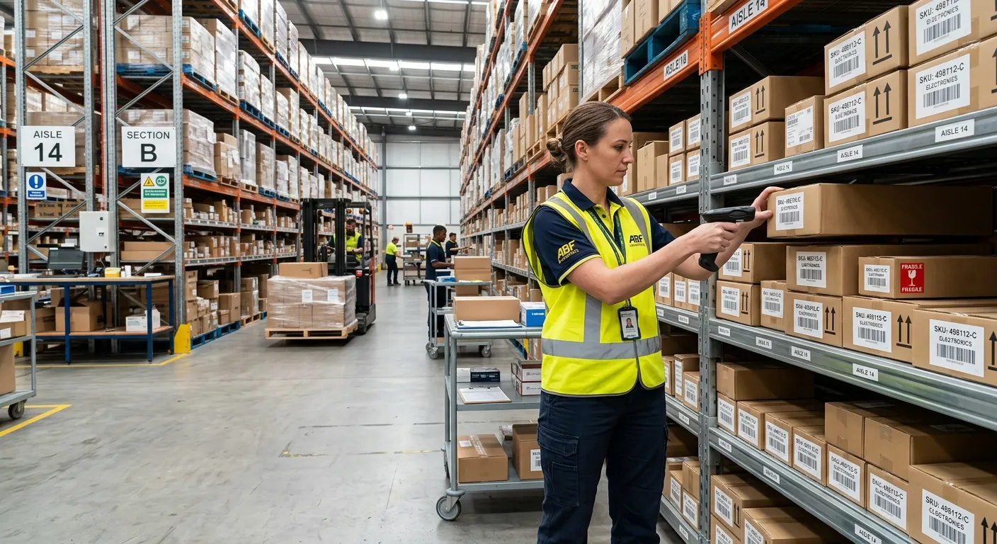 A professional, high-energy shot inside a modern, organised warehouse distribution centre. A focused Stock Control Clerk in a hi-vis vest uses a handheld scanner against a backdrop of high shelving stocked with labelled boxes. The lighting is bright and clean, conveying efficiency and precision.