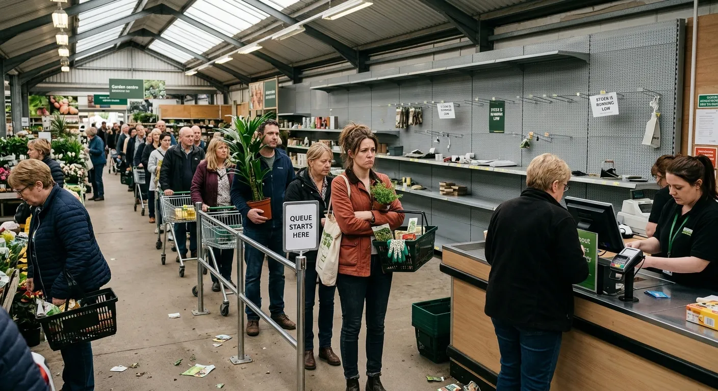 A frustrated customer standing in a long queue at a garden centre checkout, with empty shelves visib... A frustrated customer standing in a long queue at a garden centre checkout, with empty shelves visible in the background.