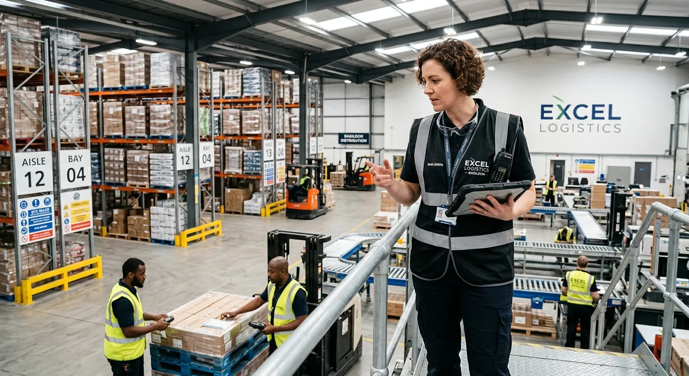 A professional, confident Warehouse Manager in a modern, clean Basildon logistics facility, overseeing a team of operatives. The image should convey authority, organisation, and a dynamic, efficient work environment.