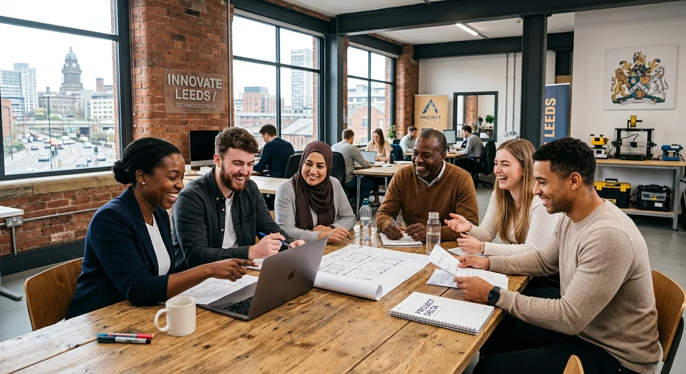 A professional, diverse group of employees smiling and collaborating in a modern Leeds office or lig... A professional, diverse group of employees smiling and collaborating in a modern Leeds office or light-industrial setting, representing successful team placement.