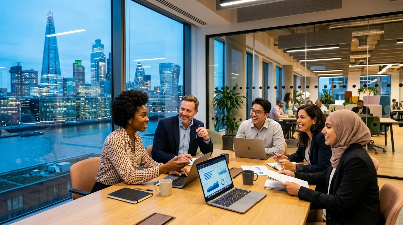 A dynamic, professional hero image showing a diverse team of professionals collaborating in a modern... A dynamic, professional hero image showing a diverse team of professionals collaborating in a modern London office, with iconic London skyline visible through the window. Style: Vibrant, confident, forward-looking.