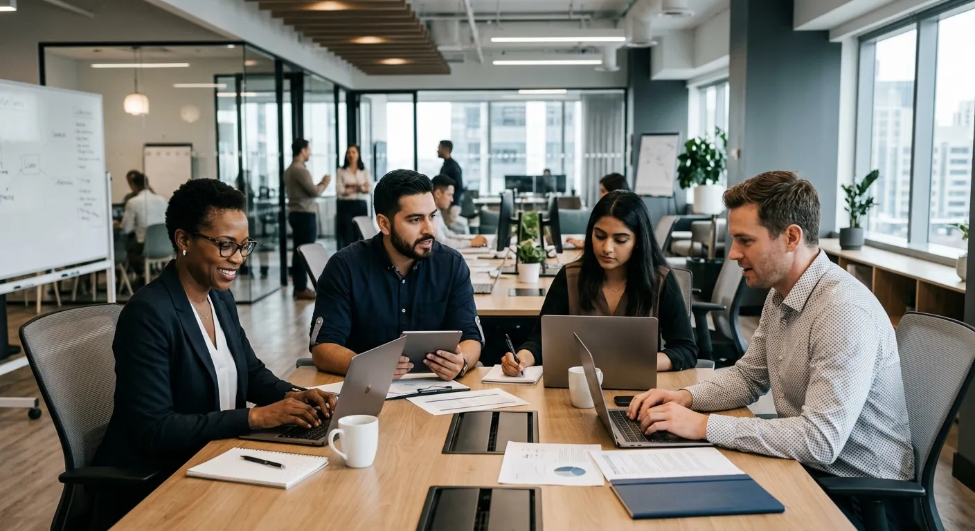 A diverse group of professional, confident temporary workers in a modern office environment, looking... A diverse group of professional, confident temporary workers in a modern office environment, looking focused and capable. Style: Corporate, high-energy, with a slight desaturation to highlight subjects. Mood: Authoritative, reliable, and dynamic.