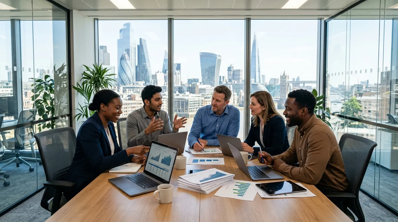 A dynamic, professional hero image showing a diverse team of business professionals in a modern Lond... A dynamic, professional hero image showing a diverse team of business professionals in a modern London office, collaborating around a table with laptops and charts. The style is vibrant, crisp, and conveys energy and partnership, with iconic London skyline visible through a window.