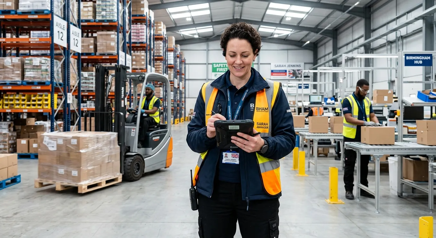A professional, confident Warehouse Manager in a modern, organised Birmingham warehouse, reviewing a... A professional, confident Warehouse Manager in a modern, organised Birmingham warehouse, reviewing an inventory tablet with team members in the background. Bright, clean, and authoritative mood.
