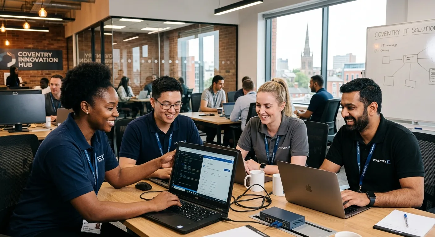A professional, diverse team of IT support specialists in a modern office environment in Coventry, c... A professional, diverse team of IT support specialists in a modern office environment in Coventry, collaboratively working on laptops and smiling. Style: Authentic, high-resolution stock photo conveying competence and teamwork.