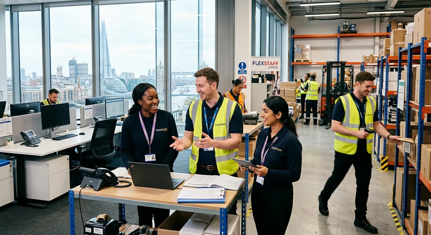 A dynamic, high-energy professional photo of diverse temporary workers in a modern London office and warehouse setting, smiling and collaborating. The image should convey speed, professionalism, and flexibility, with London landmarks like The Shard visible through windows.
