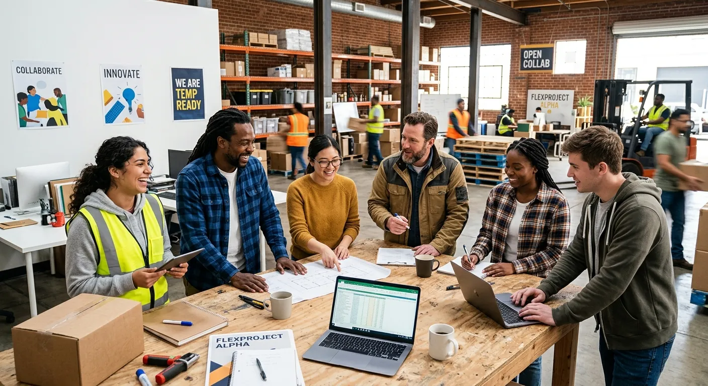 A modern, diverse team of temporary workers collaborating in a bright, dynamic office or warehouse e... A modern, diverse team of temporary workers collaborating in a bright, dynamic office or warehouse environment, smiling and engaged, representing flexibility and immediate productivity.
