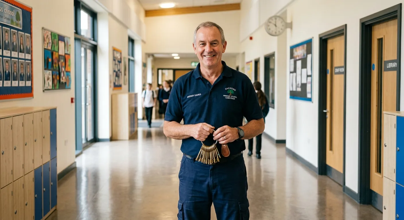 A professional, well-lit photograph of a friendly school caretaker in a clean, modern school corrido... A professional, well-lit photograph of a friendly school caretaker in a clean, modern school corridor, holding a set of keys and smiling. The mood should be trustworthy, capable, and welcoming.