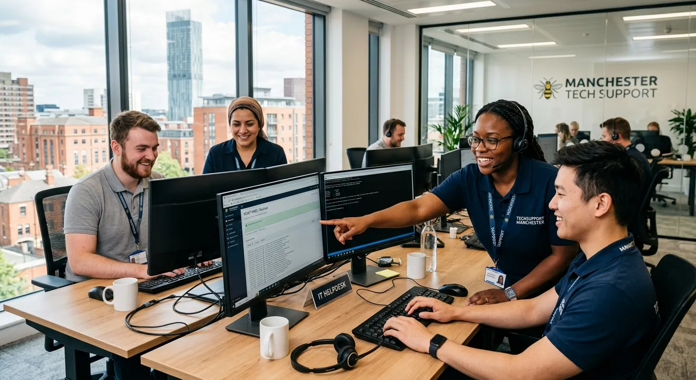 A professional, diverse team of IT support specialists working collaboratively in a modern, bright o... A professional, diverse team of IT support specialists working collaboratively in a modern, bright office in Manchester city centre. They are smiling and focused on multiple monitors, representing a positive and efficient helpdesk environment.