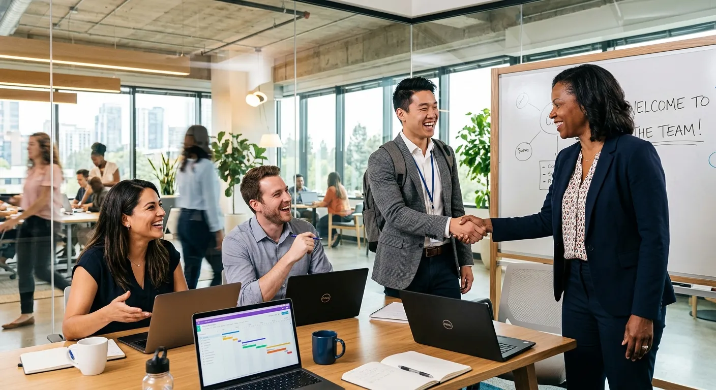 A professional, high-energy photo of a diverse team collaborating in a modern office setting, with a friendly manager shaking hands with a new employee. Style is bright, optimistic, and corporate.