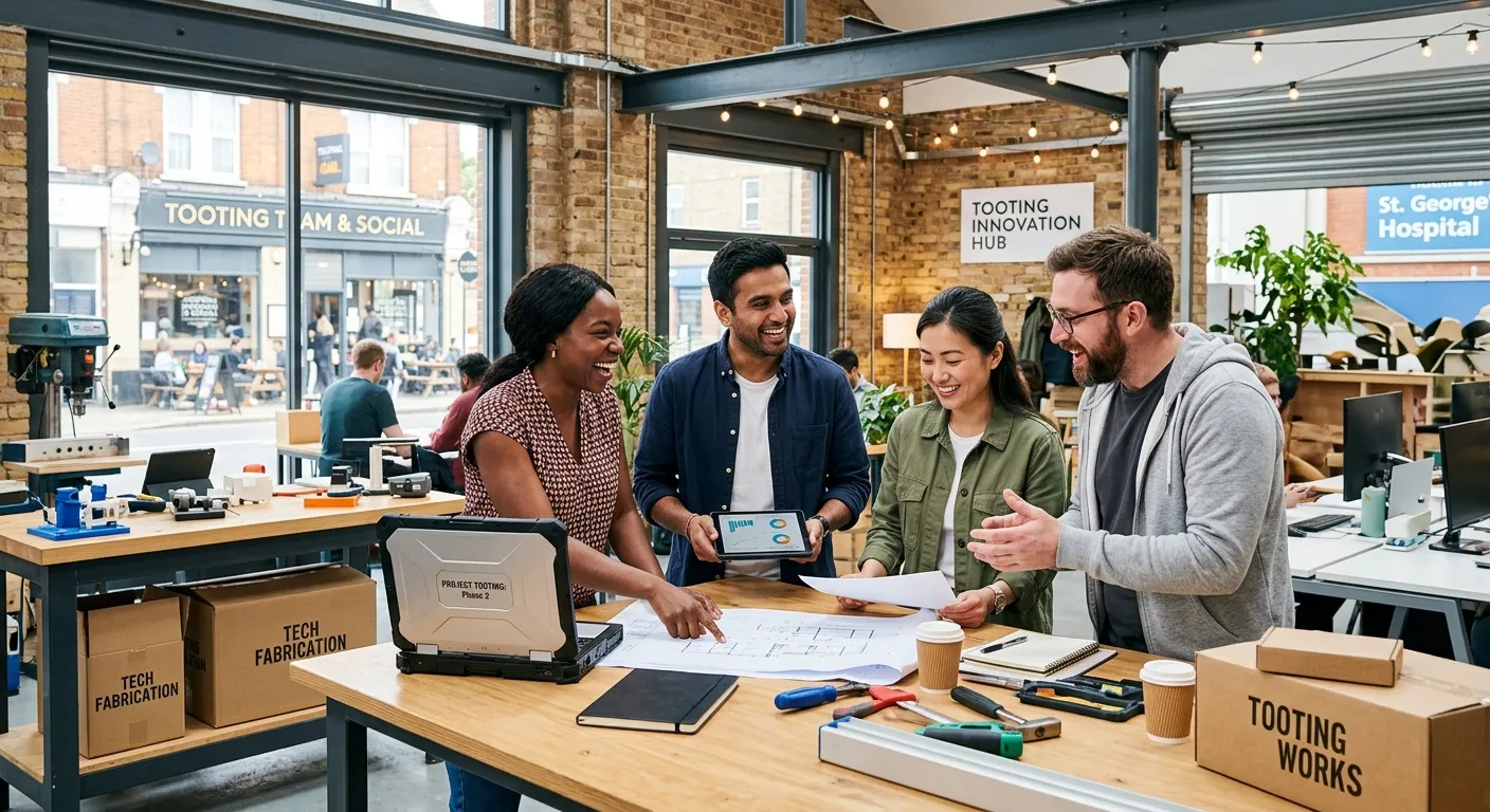 A professional, vibrant photo of a diverse team of workers in a modern office or light industrial setting in Tooting, looking engaged and collaborative. Style: Bright, optimistic, high-contrast.