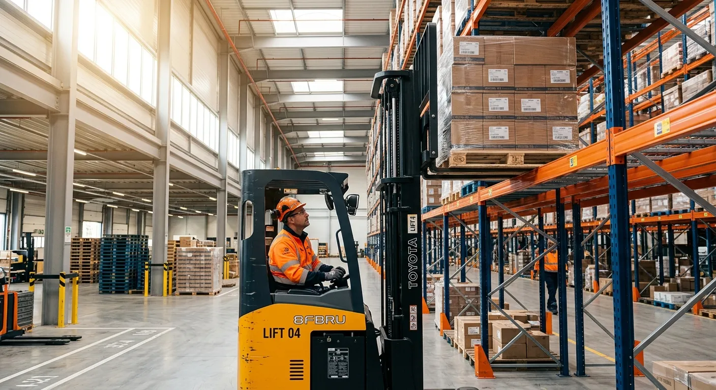 A forklift driver in a high-vis jacket safely placing a pallet onto a high-level rack in a clean, modern warehouse aisle, with morning light from warehouse windows.