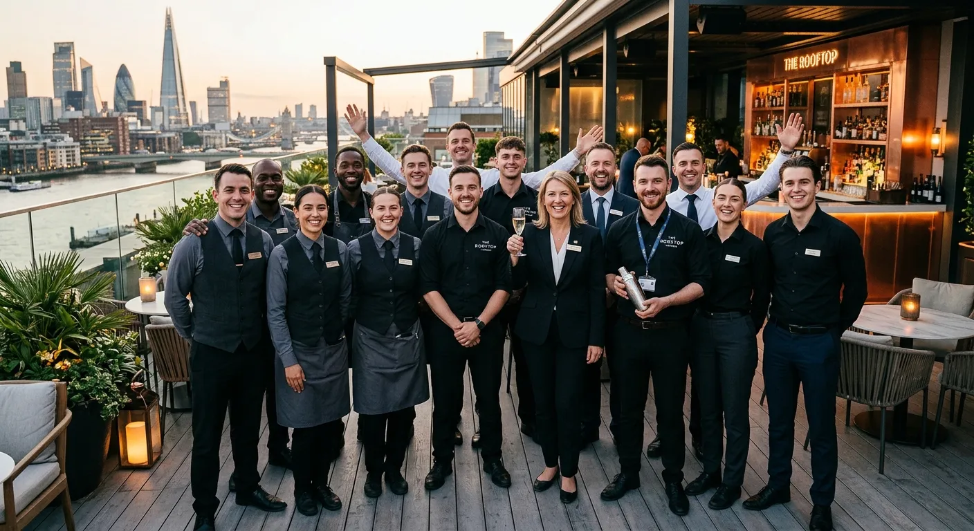 A professional, celebratory team photo of diverse hotel and bar staff in uniform, smiling in a modern upscale London hotel lobby or rooftop bar setting.