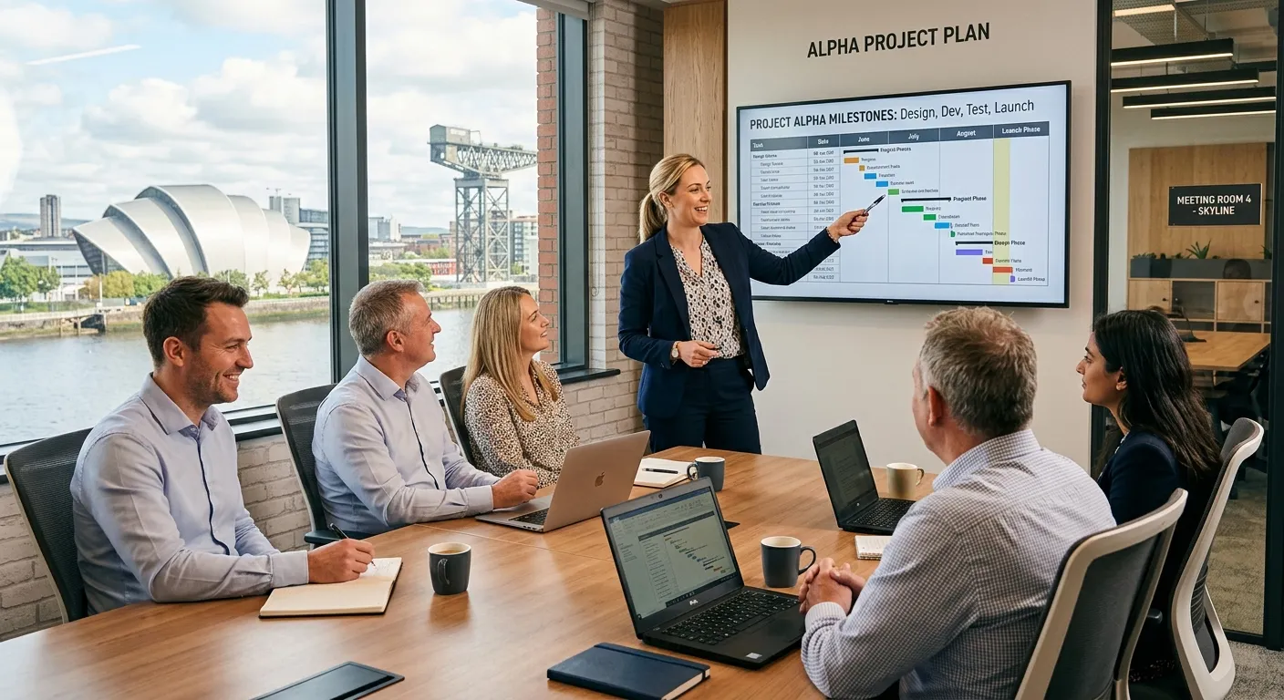 A professional, confident Project Manager leading a team meeting in a modern Glasgow office, pointing to a Gantt chart on a screen, with the city's skyline visible through the window. Style: Professional business photography, warm, optimistic mood.