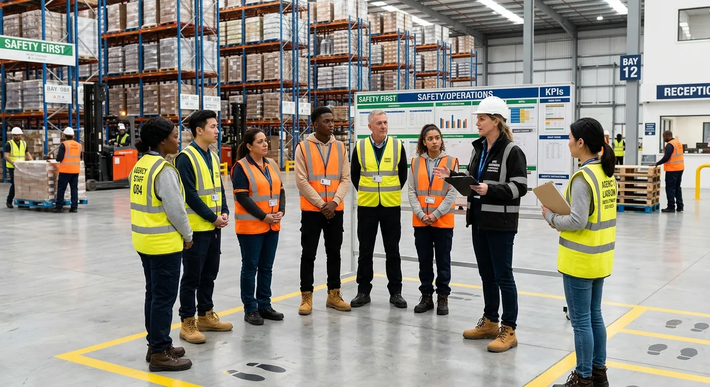 A professional, diverse group of temporary warehouse staff and agency liaison in high-vis vests, eng... A professional, diverse group of temporary warehouse staff and agency liaison in high-vis vests, engaged in a briefing with a site manager in a modern, clean distribution centre.
