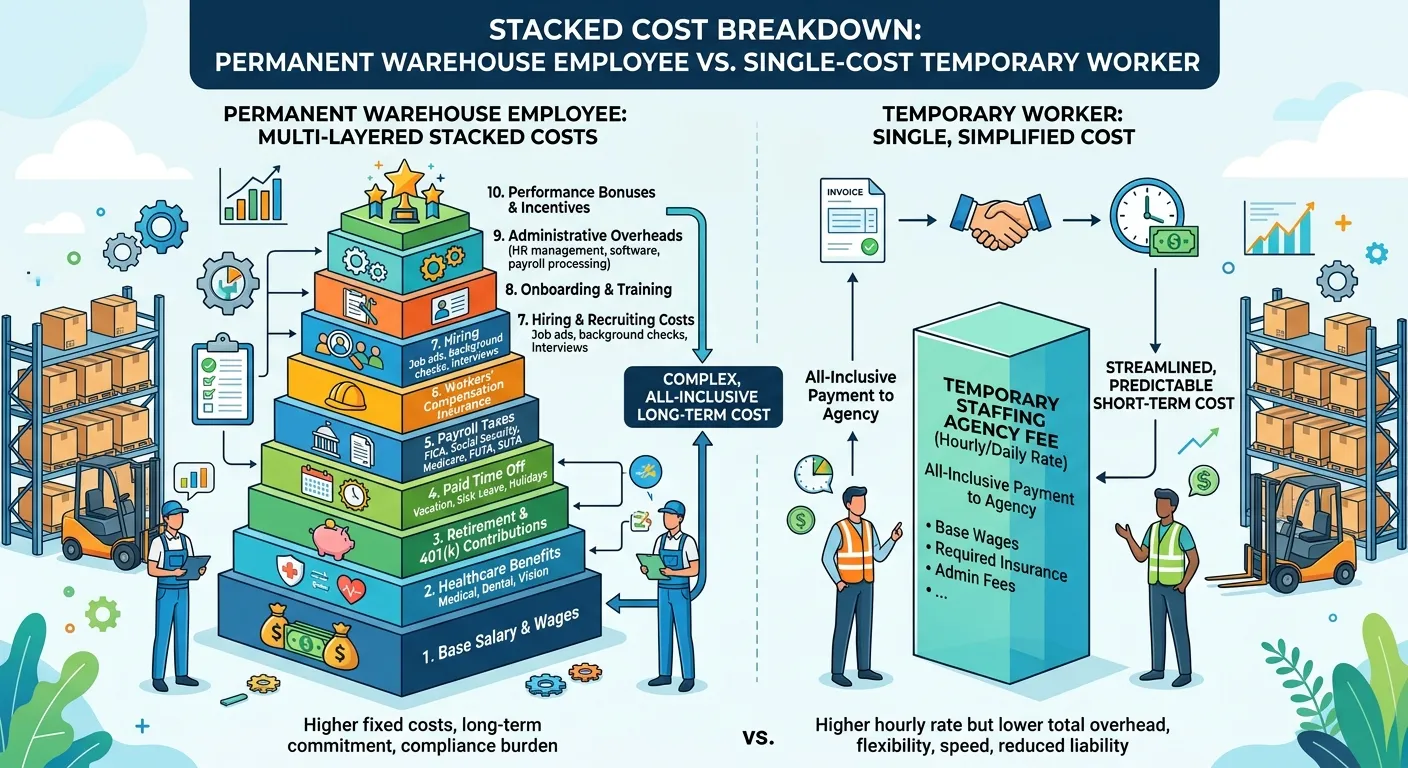 A detailed, professional infographic comparing the stacked cost breakdown of a permanent warehouse employee versus the single, simplified cost of a temporary worker.