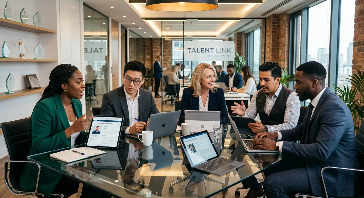 A dynamic, professional scene in a modern recruitment agency office. A diverse group of well-dressed... A dynamic, professional scene in a modern recruitment agency office. A diverse group of well-dressed recruitment consultants are gathered around a glass table, reviewing candidate profiles on tablets and laptops. The mood is collaborative, strategic, and high-energy, with warm lighting highlighting focused expressions.