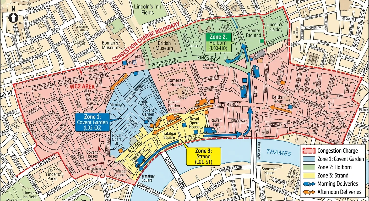 A detailed map of London WC2 area highlighting key delivery zones, congestion charge boundaries, and... A detailed map of London WC2 area highlighting key delivery zones, congestion charge boundaries, and suggested morning/afternoon route flows with van icons