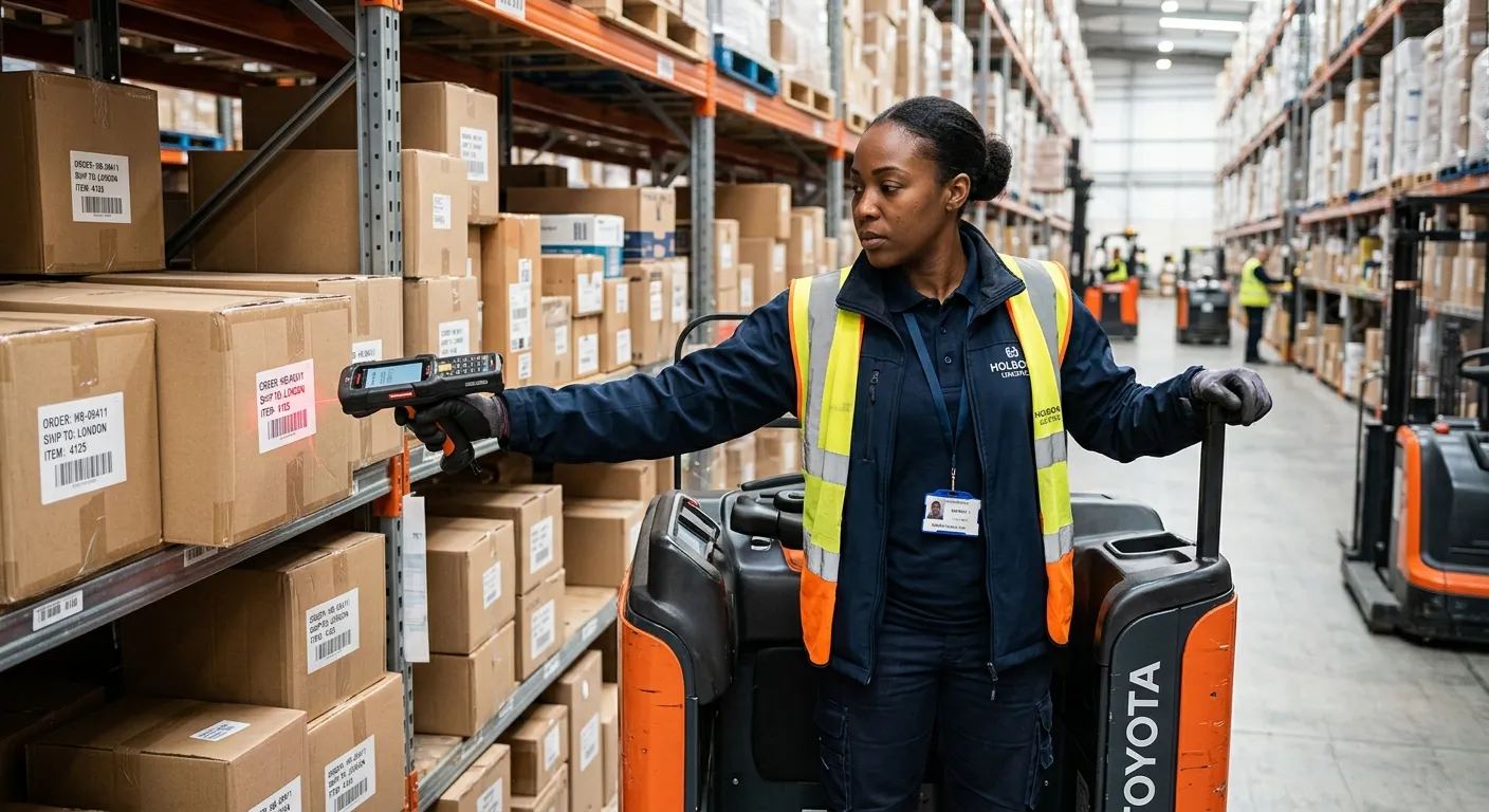 A dynamic, professional photo of an Order Picker in a modern, well-lit Holborn warehouse, smartly sc... A dynamic, professional photo of an Order Picker in a modern, well-lit Holborn warehouse, smartly scanning a barcode on a package with a handheld scanner. The mood is efficient, focused, and clean.