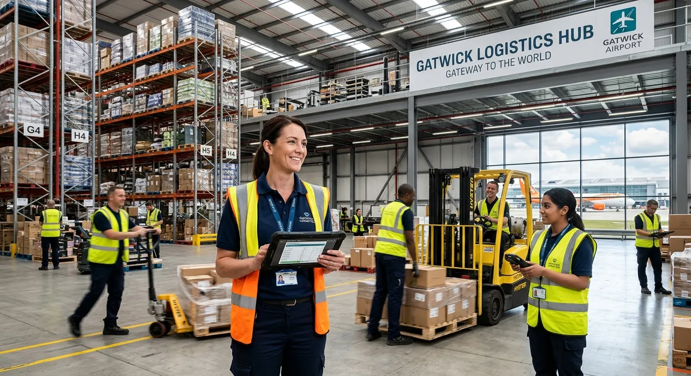 A modern, high-bay warehouse near Gatwick Airport with a professional Warehouse Manager overseeing a team, holding a tablet and smiling confidently. Bright, dynamic, professional style.