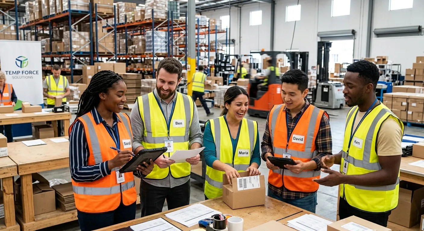 A dynamic, professional photo of a diverse team of temporary workers in high-vis vests and smart cas... A dynamic, professional photo of a diverse team of temporary workers in high-vis vests and smart casual attire, collaborating in a modern warehouse or event space. The mood is energetic, efficient, and solution-oriented.