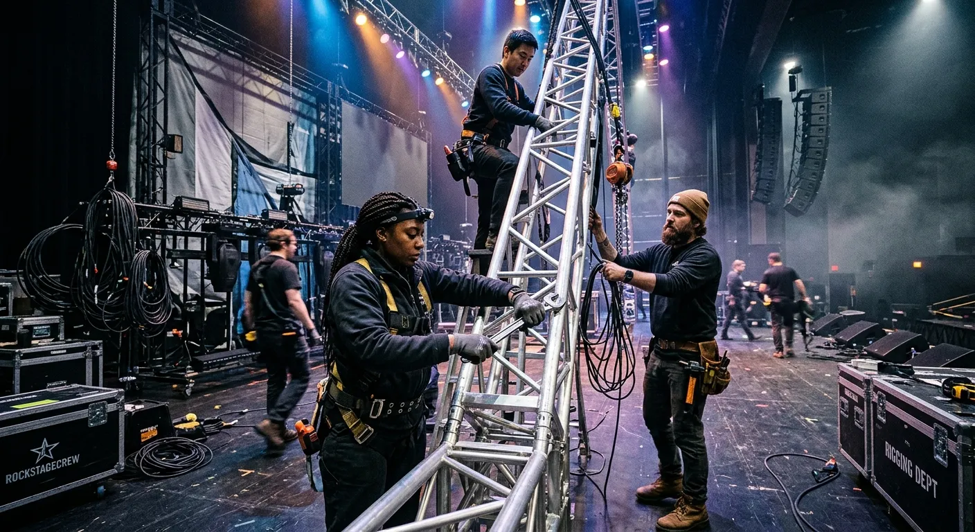 A dynamic, professional shot of a diverse stage crew working together under dramatic stage lighting,... A dynamic, professional shot of a diverse stage crew working together under dramatic stage lighting, assembling a concert rig or theatrical set. Moody, high-energy, and focused atmosphere.