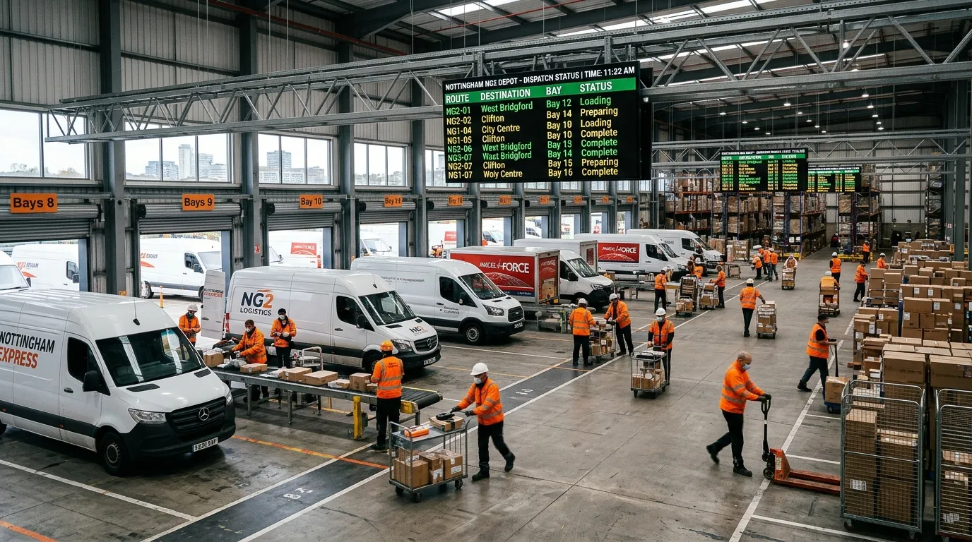 A wide-angle, dynamic shot inside a modern, busy logistics warehouse in Nottingham NG2, with vans being loaded at multiple bays, workers in high-vis, and digital screens showing route allocations