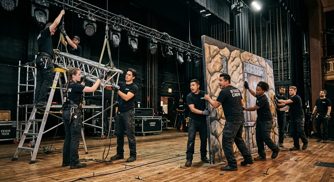 A dynamic, high-energy shot of a professional stage crew in action. A diverse team wearing black cre... A dynamic, high-energy shot of a professional stage crew in action. A diverse team wearing black crew shirts is shown expertly rigging lighting trusses and moving a large scenic flat on a dimly lit stage, conveying teamwork, precision, and industry expertise.