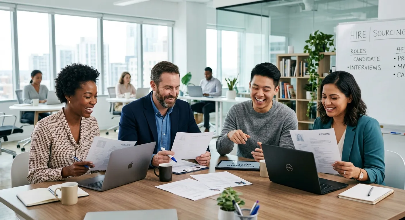 Professional, modern office setting with diverse team of recruitment professionals discussing candidate profiles, smiling confidently. Bright, airy, professional mood.