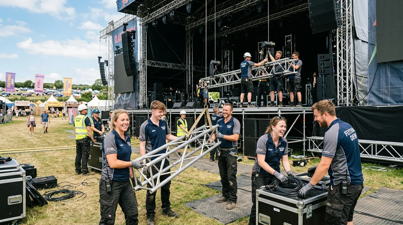 A wide-angle shot of a professional, smiling event crew in branded attire, setting up staging at a festival, showcasing teamwork and efficiency.