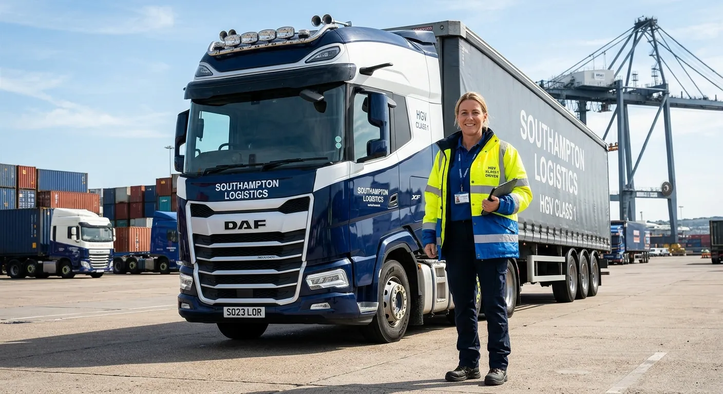 A professional, confident HGV Driver Class 1 in high-visibility clothing, standing proudly beside a... A professional, confident HGV Driver Class 1 in high-visibility clothing, standing proudly beside a modern articulated lorry at a logistics depot in Southampton. Bright, clear day, showing the port cranes in the distant background. Style: Professional recruitment photography, authentic and aspirational.