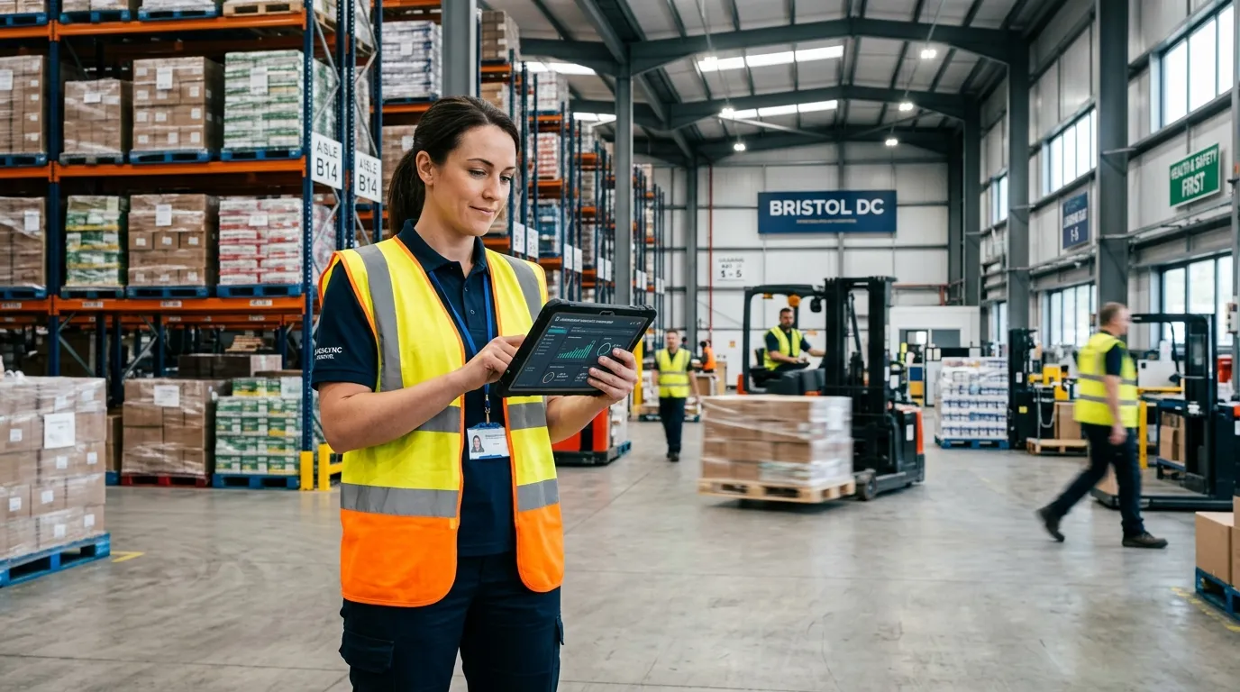 A professional, dynamic hero image showing a modern warehouse manager in a high-visibility vest, rev... A professional, dynamic hero image showing a modern warehouse manager in a high-visibility vest, reviewing a tablet with a warehouse logistics dashboard in the background. The setting is a clean, organised distribution centre in Bristol. Style: professional, aspirational, modern logistics.